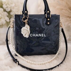 Chanel Navy Glossy Shoulder Bag with Pearl Detail